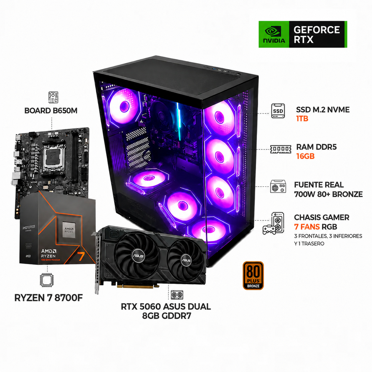 PC GAMER RYZEN 7 8700F + RTX 5060 8GB - CHASIS 7 FANS RGB