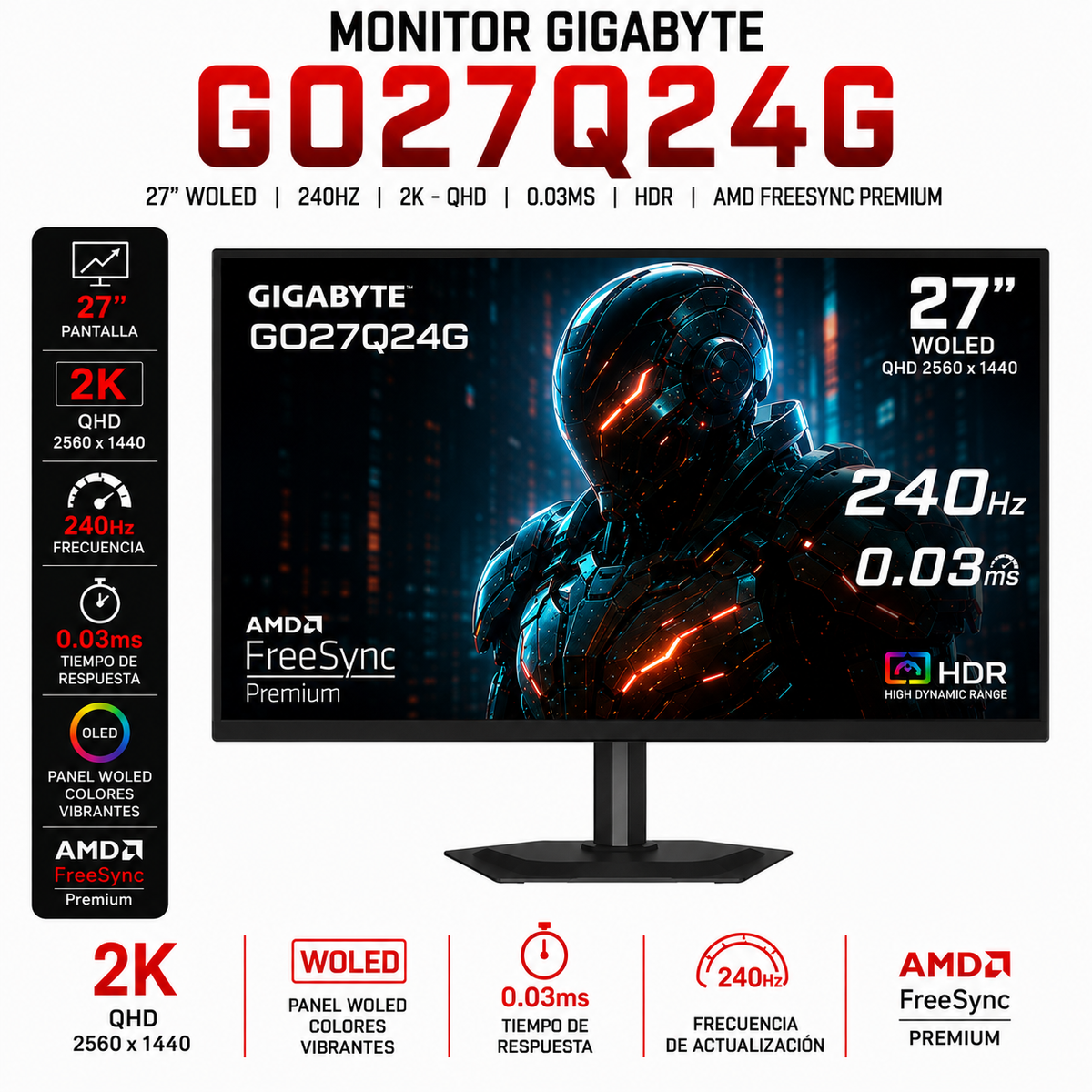 MONITOR GAMER GIGABYTE GO27Q24G 27" WOLED QHD 2K / 240Hz - 0.03ms / HDR / FreeSync Premium