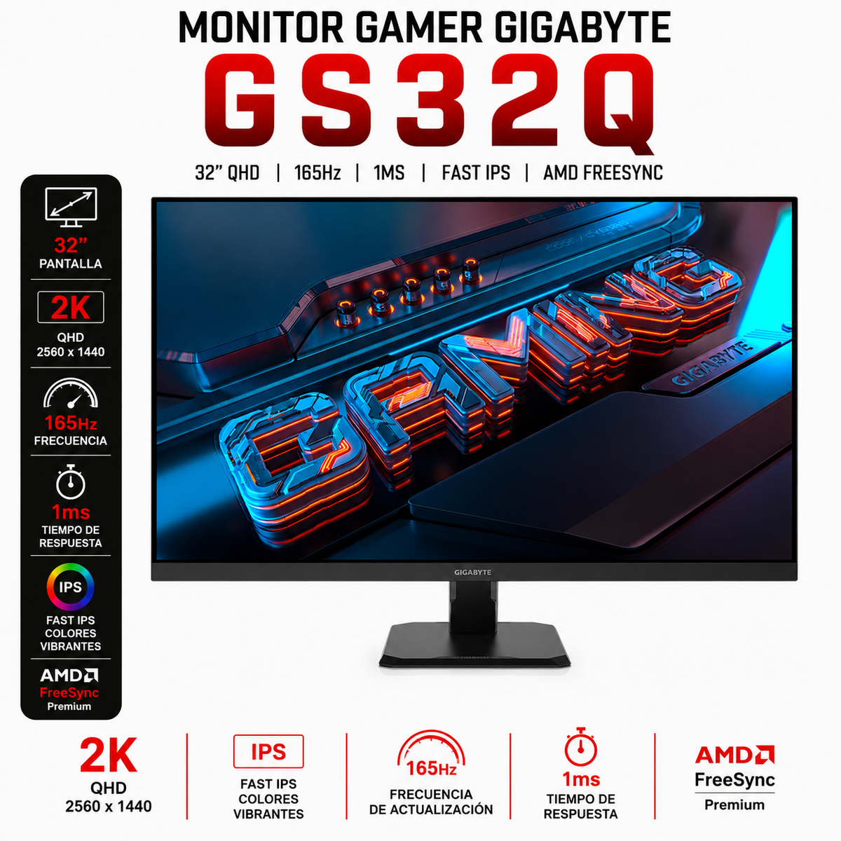 MONITOR GAMER GIGABYTE GS32Q 31.5" 2K QHD IPS / 165Hz (OC 170Hz) - 1ms MPRT / AMD FreeSync Premium