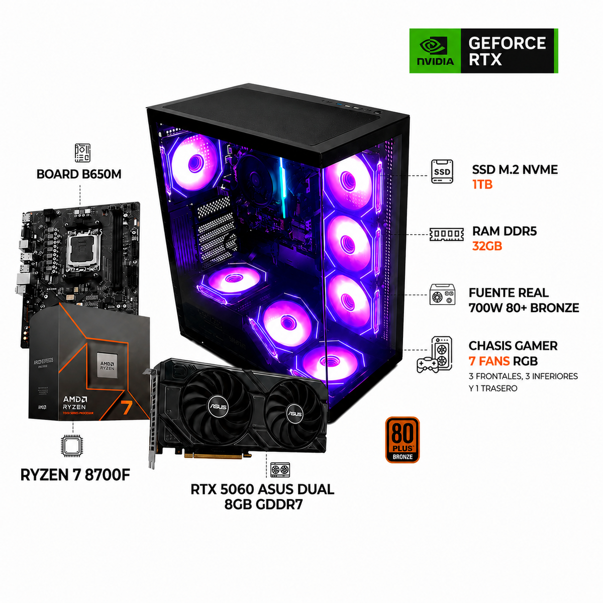 PC GAMER RYZEN 7 8700F + RTX 5060 8GB - CHASIS 7 FANS RGB