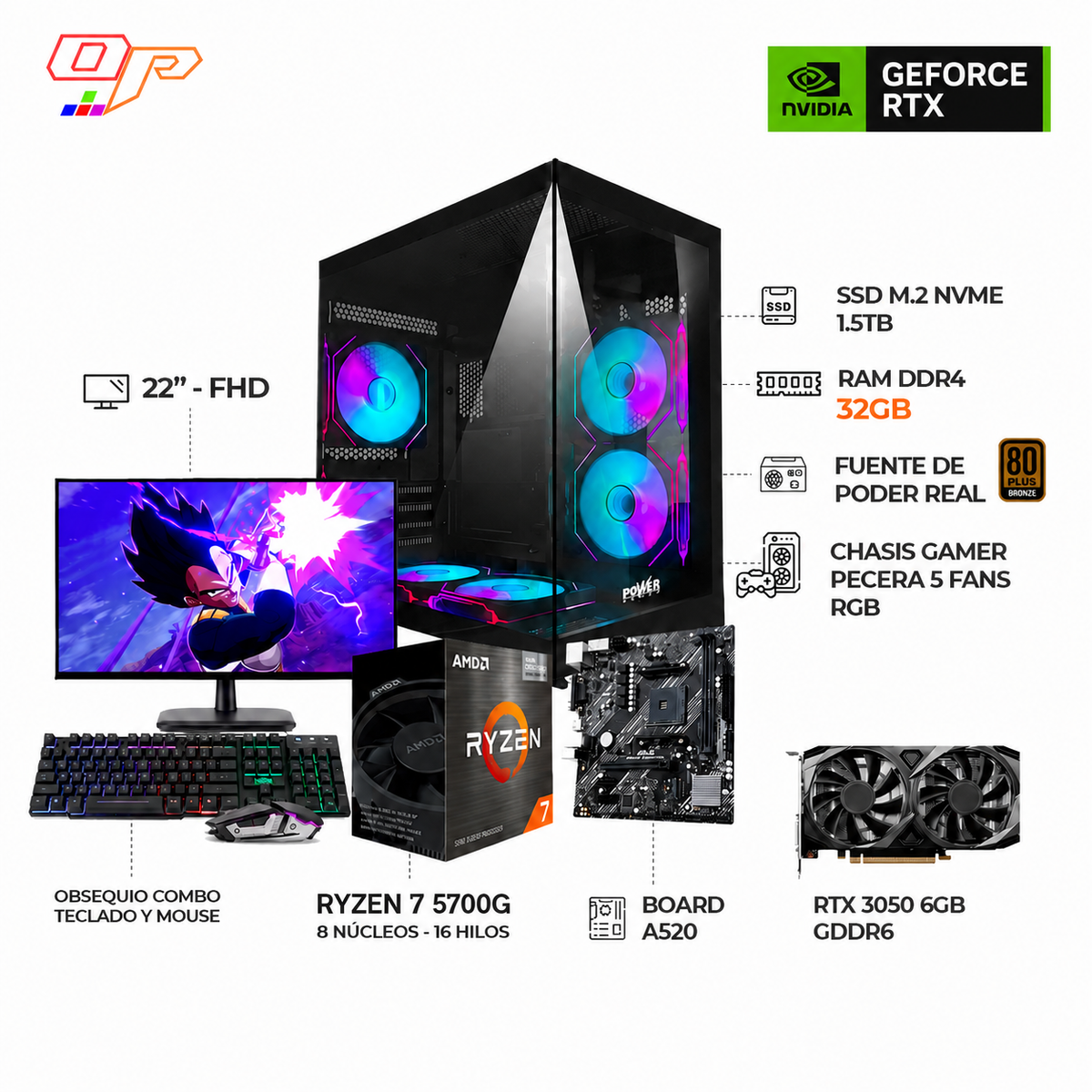 PC GAMER RYZEN 7 5700G / RTX 3050 6GB / 1.5TB SSD + MONITOR 22"/ COMBO GAMER