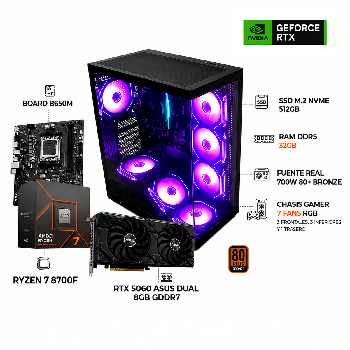 PC GAMER RYZEN 7 8700F + RTX 5060 8GB - CHASIS 7 FANS RGB