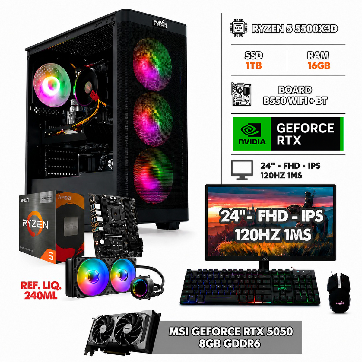 PC GAMER RYZEN 5 5500X3D + RTX 5050 8GB / MONITOR 24" 120HZ FHD