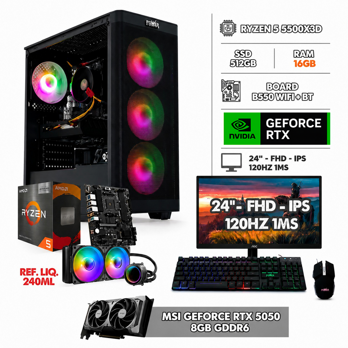 PC GAMER RYZEN 5 5500X3D + RTX 5050 8GB / MONITOR 24" 120HZ FHD