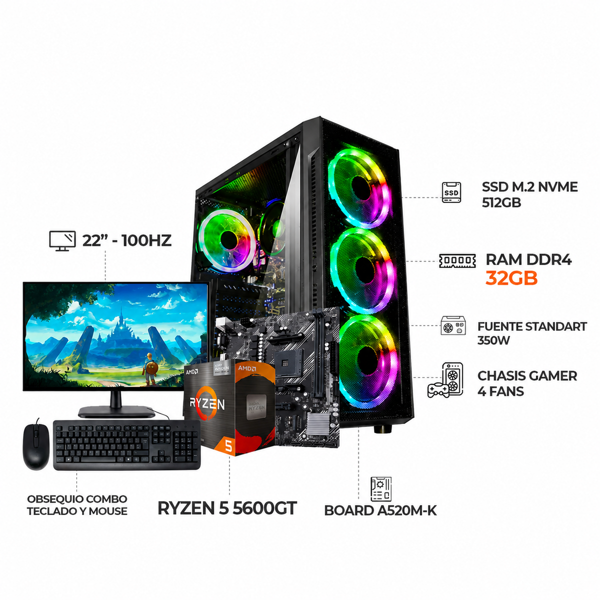 PC GAMER RYZEN 5 5600GT / SSD 512GB M.2 + MONITOR 22" FULL HD + TECLADO Y MOUSE