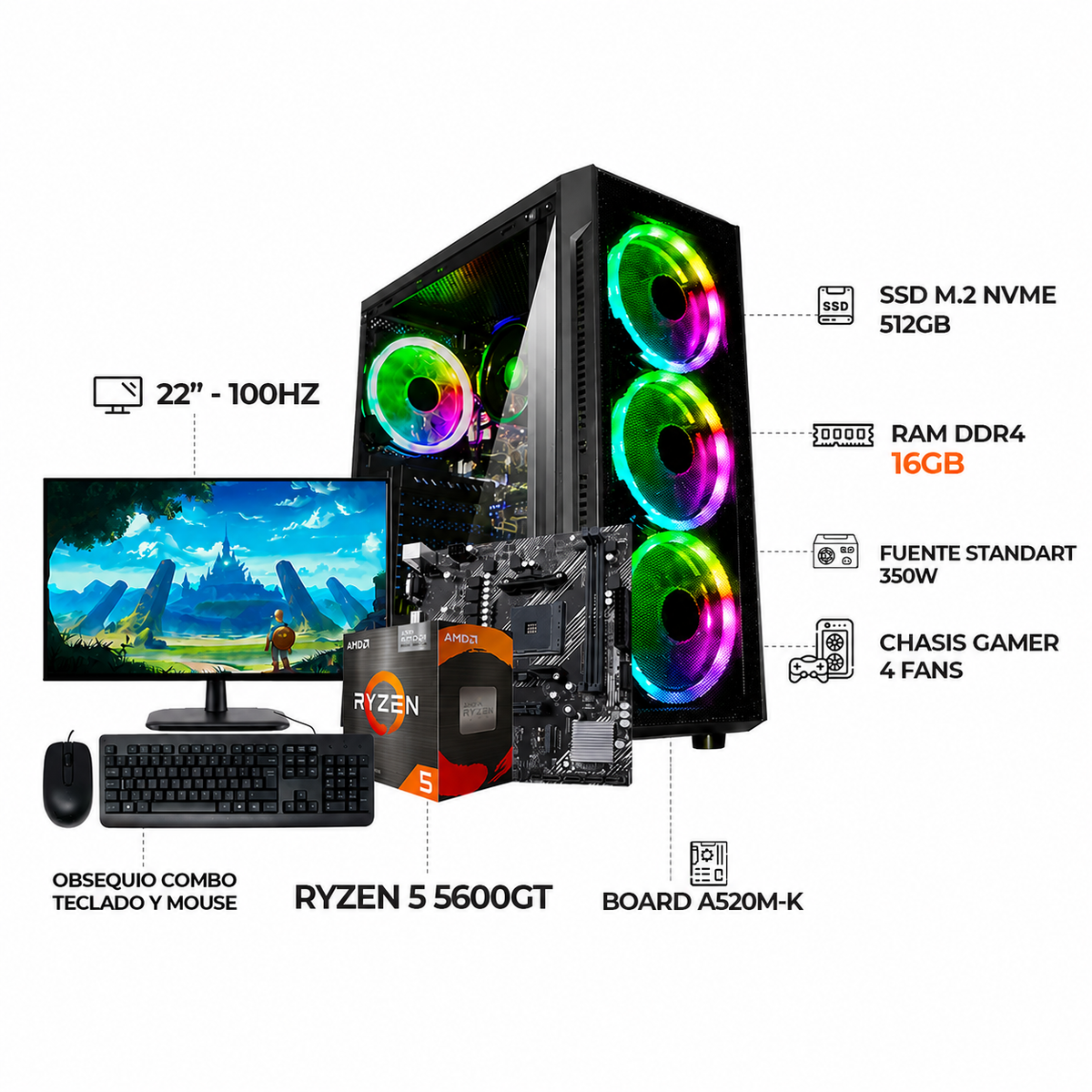 PC GAMER RYZEN 5 5600GT / SSD 512GB M.2 + MONITOR 22" FULL HD + TECLADO Y MOUSE