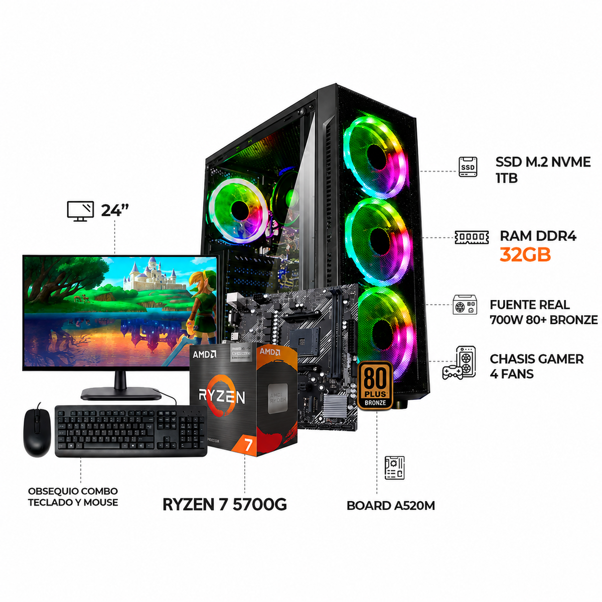 PC GAMER RYZEN 7 5700G / MONITOR 24 FHD 144HZ / SSD 1TB