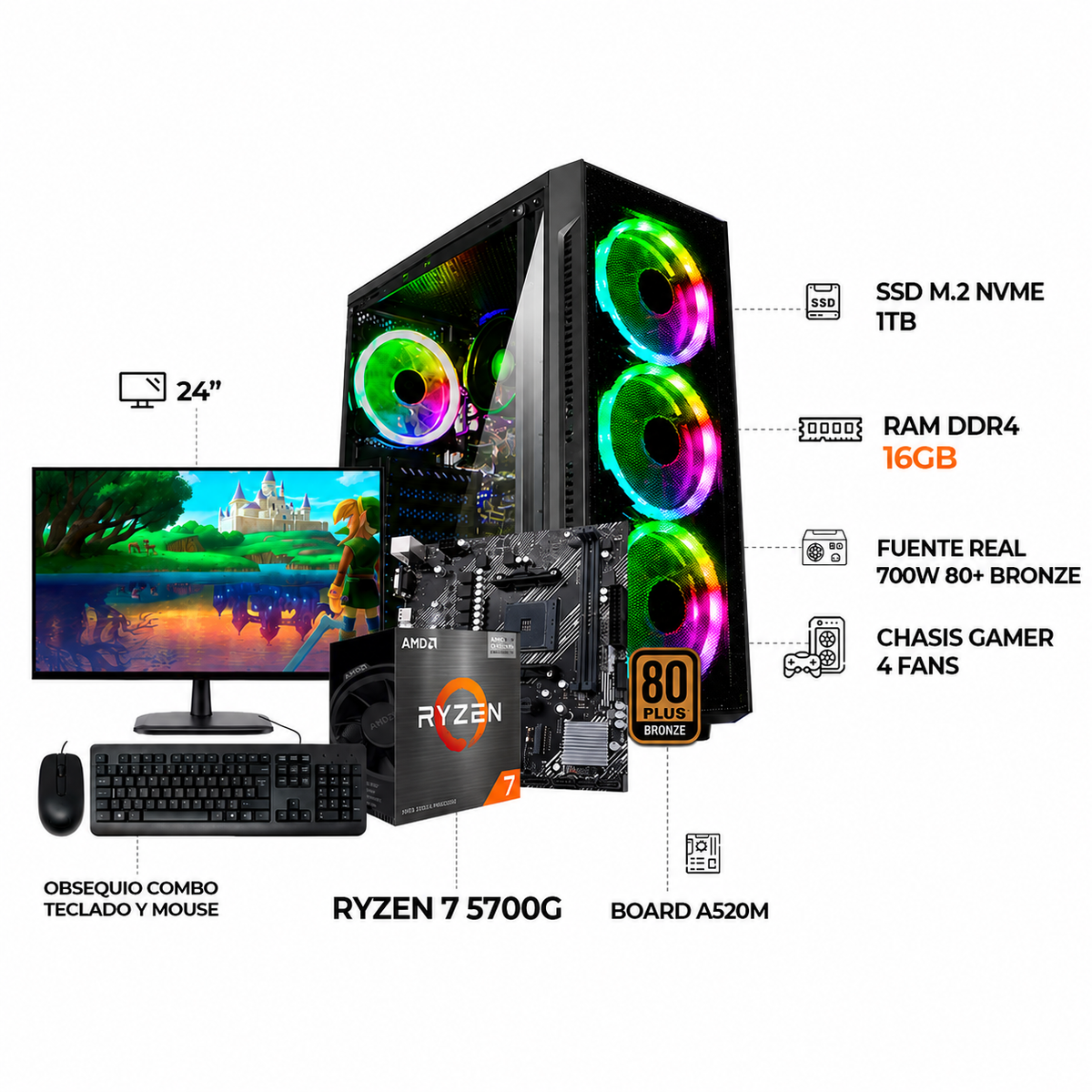 PC GAMER RYZEN 7 5700G / MONITOR 24 FHD 144HZ / SSD 1TB