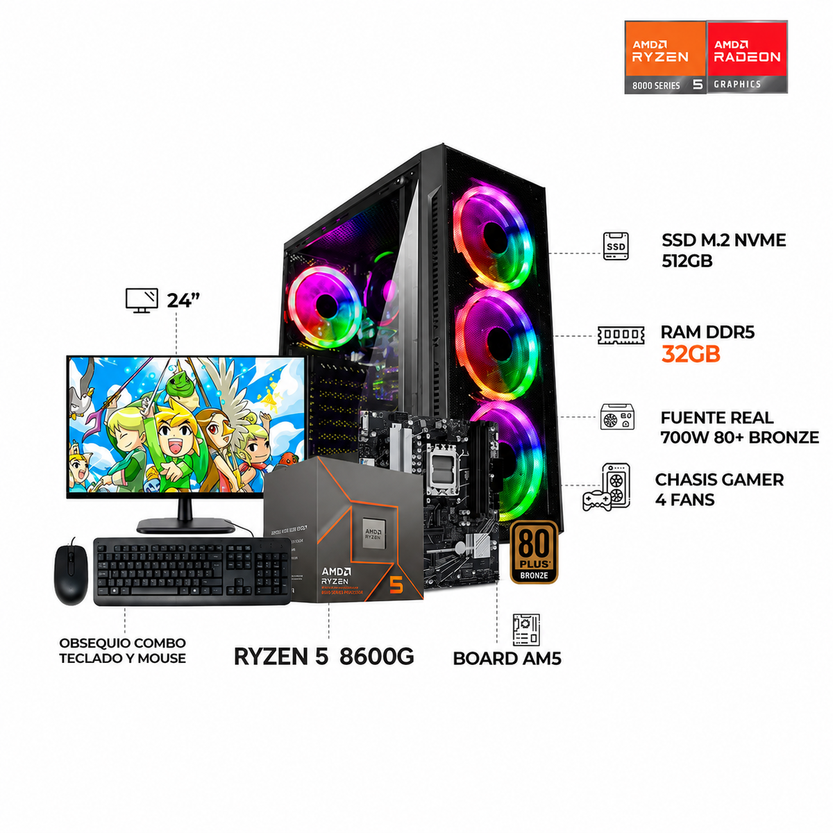 PC GAMER AMD RYZEN 5 8600G / MONITOR 24" FULL HD 144HZ IPS / 512GB SSD