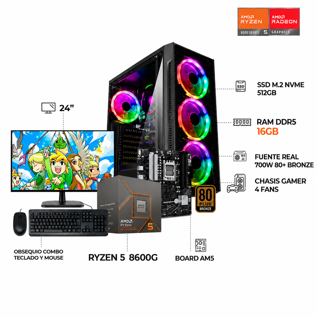 PC GAMER AMD RYZEN 5 8600G / MONITOR 24" FULL HD 144HZ IPS / 512GB SSD