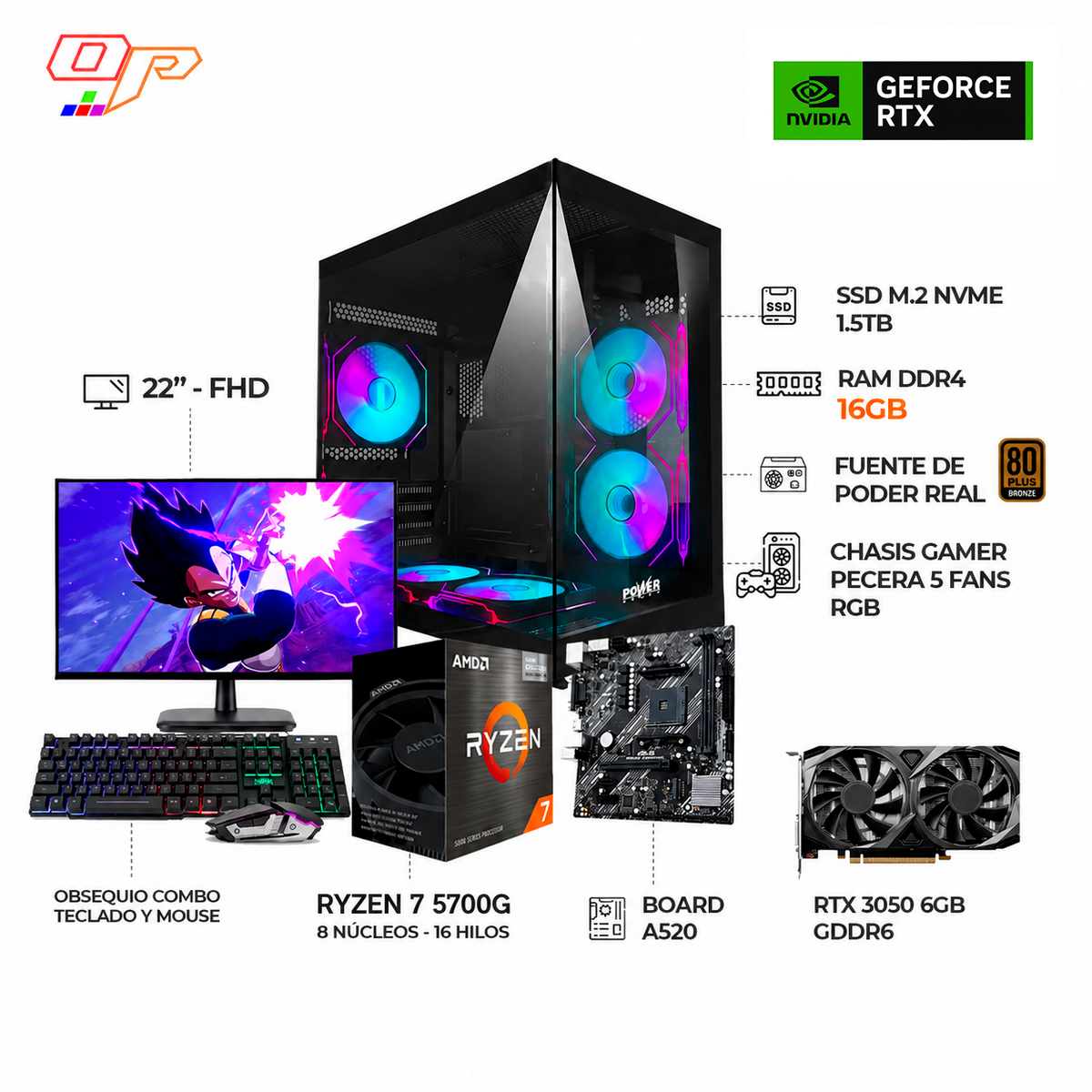 PC GAMER RYZEN 7 5700G / RTX 3050 6GB / 1.5TB SSD + MONITOR 22"/ COMBO GAMER