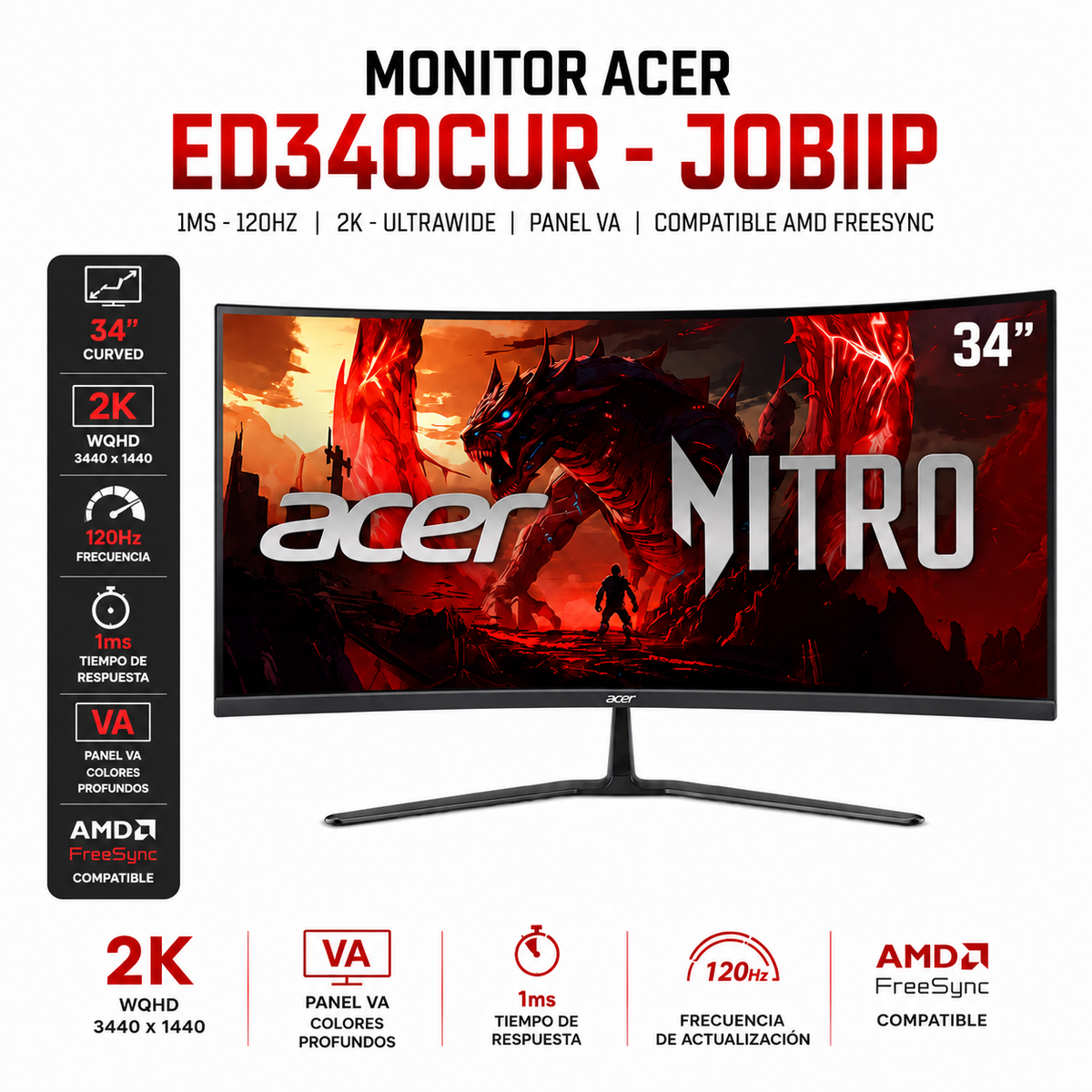 MONITOR ACER 34" CURVED ULTRAWIDE / 1MS - 120HZ / 2K - PANEL VA