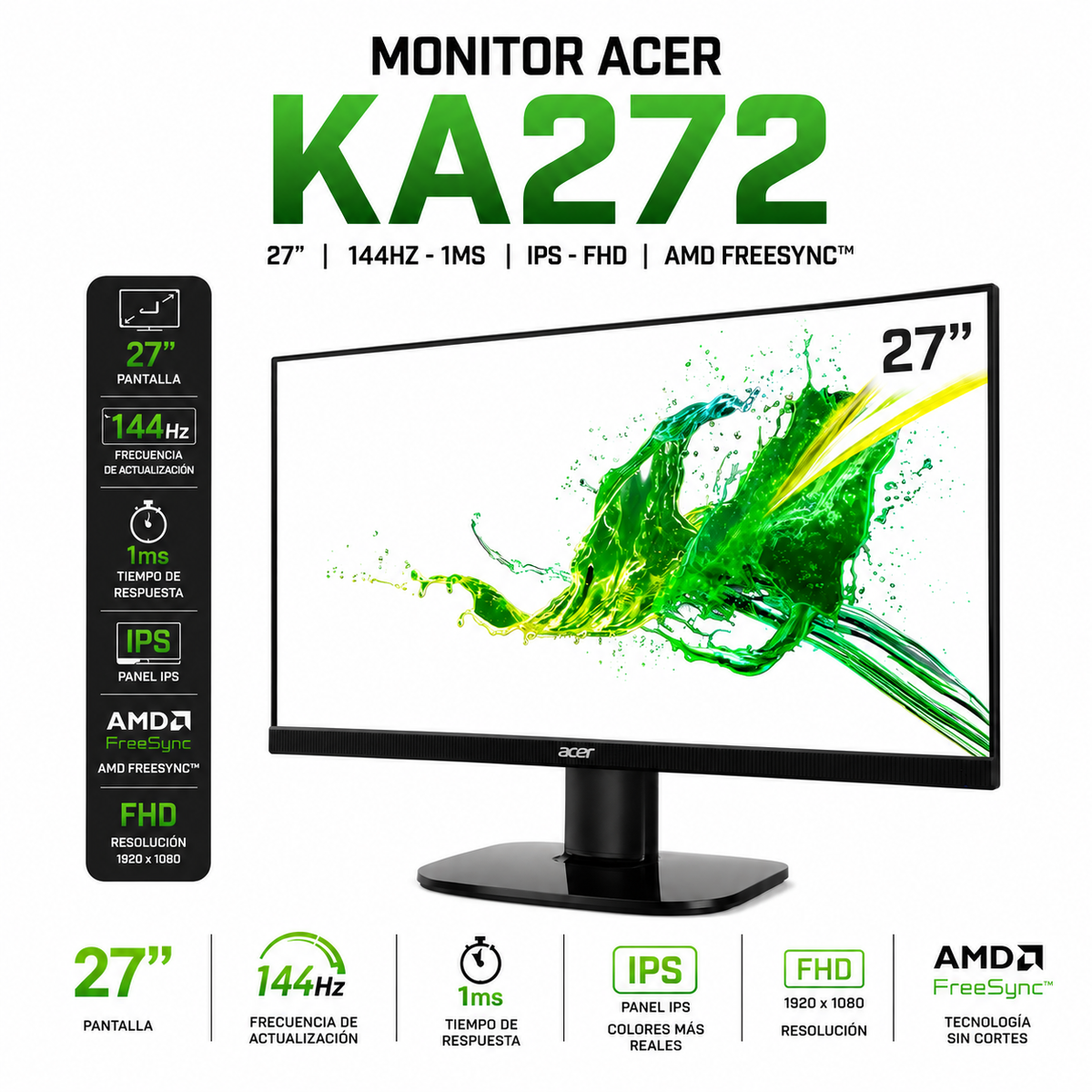MONITOR ACER 27" / 144HZ - 1MS / IPS - FHD