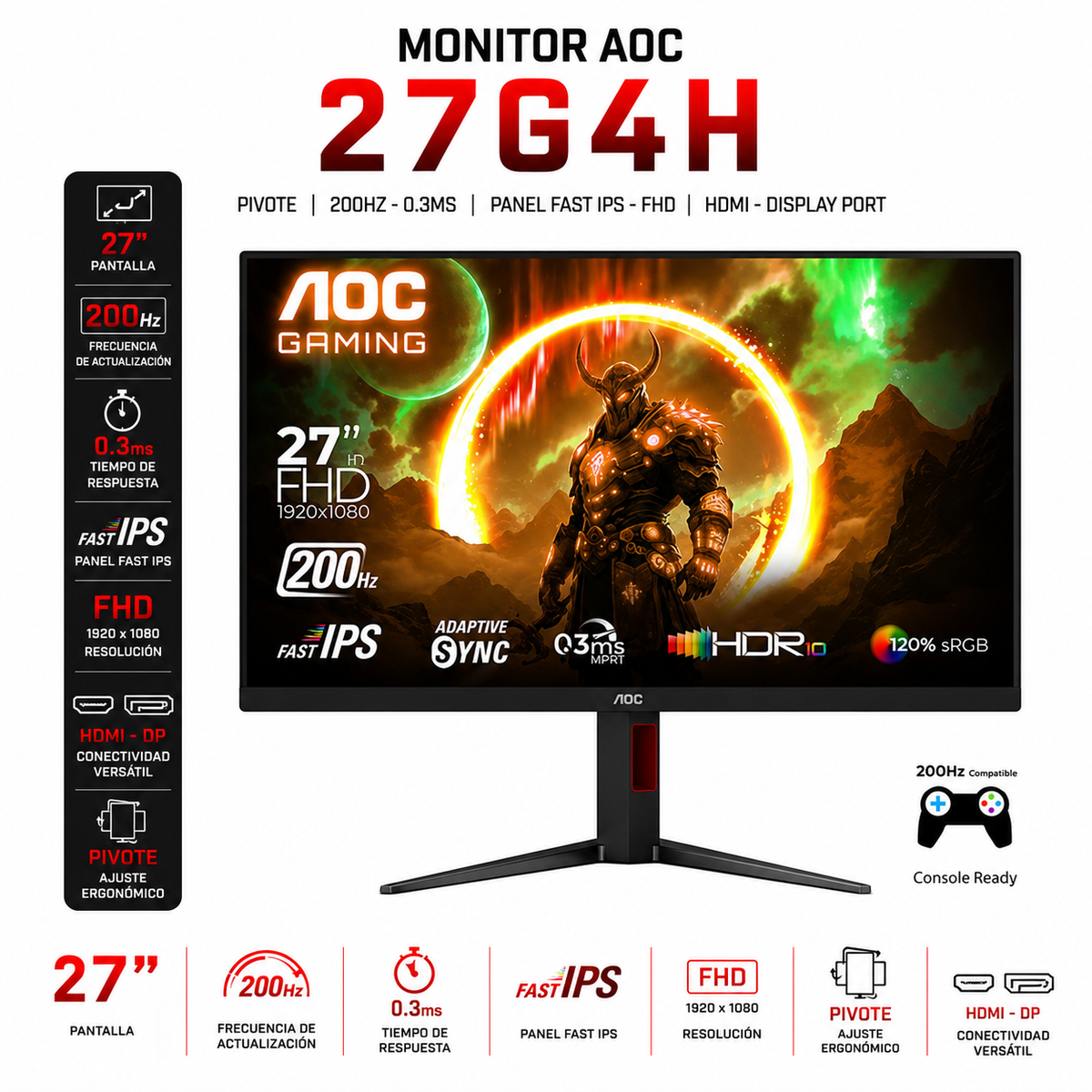 MONITOR AOC 27" PIVOTE / 200HZ - 0.3MS / PANEL FAST IPS - FHD