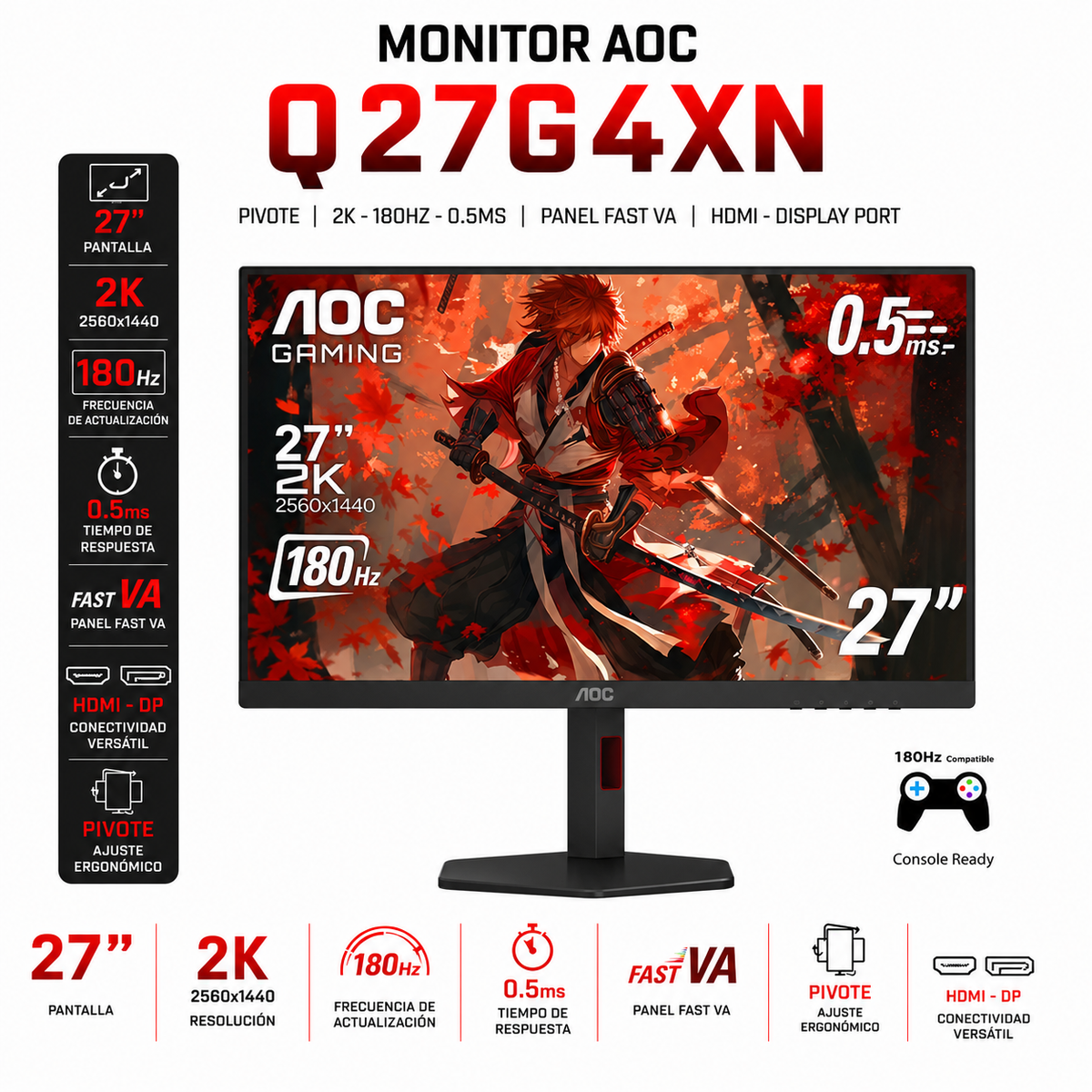 MONITOR AOC 27" PIVOTE / 2K - 180HZ - 0.5MS / PANEL FAST VA - FHD