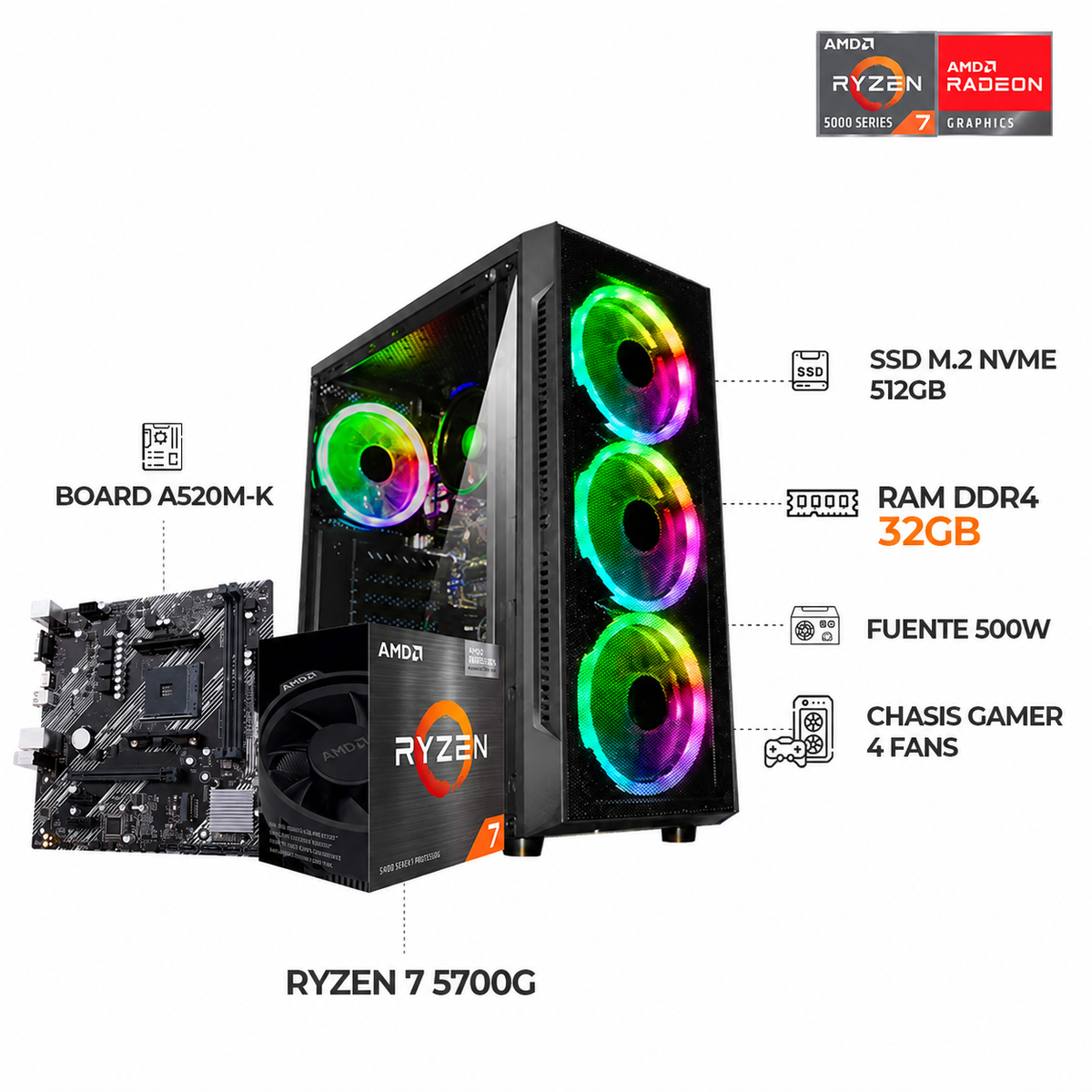 TORRE GAMER AMD RYZEN 7 5700G / 512GB NVME
